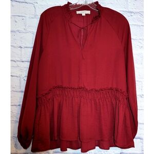 Loft Blouse Babydoll Balloon Sleeve Ruffle Runched Size S Maroon Boho Peasant